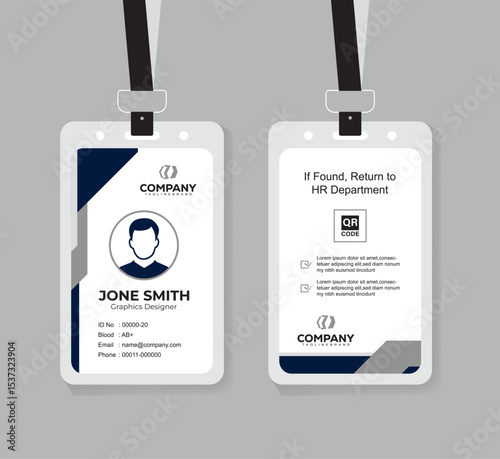 Modern Navy Blue and White ID Card Design Template with QR Code for Company Staff and Employee