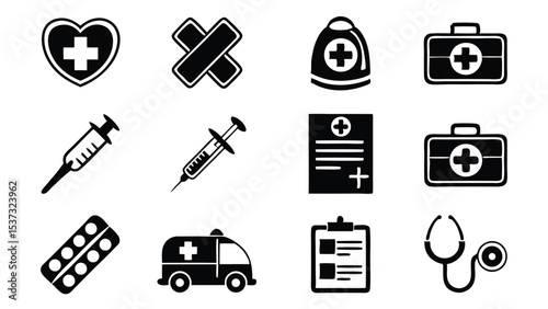 A collection of simple black and white healthcare and medical icon designs