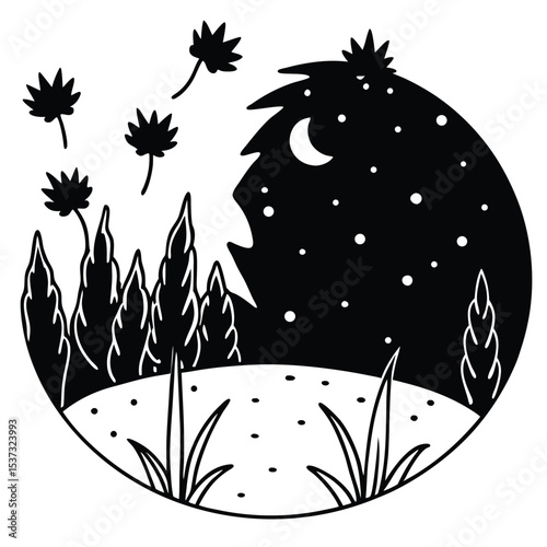 Night landscape with crescent moon and falling leaves