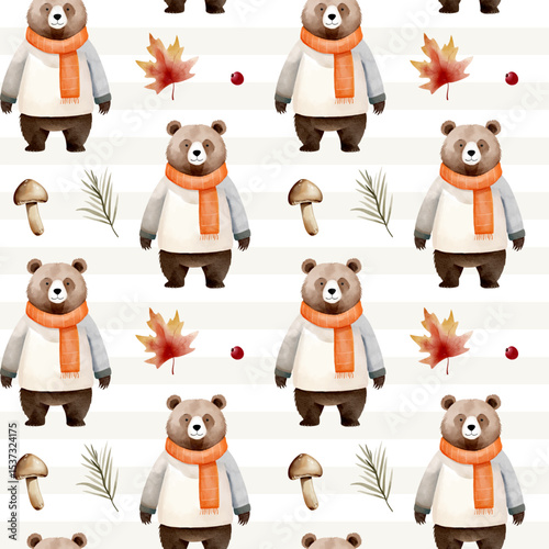 Watercolor pattern with bear, leaves, mushroom for autumnal design. Fall seamless pattern. Autumn woodland