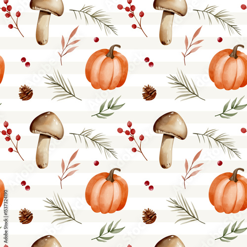 Watercolor pattern with mushrooms, pumpkin, leaves, berries for autumnal design. Fall seamless pattern.