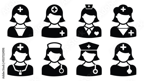 Black and white iconography collection of diverse female medical professionals representing healthcare