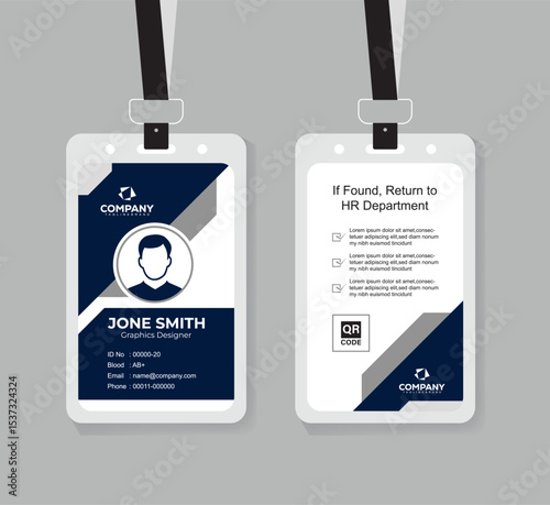 Modern Navy Blue and White ID Card Design Template with QR Code for Company Staff and Employee