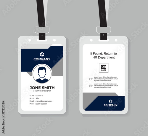 Modern Navy Blue and White ID Card Design Template with QR Code for Company Staff and Employee