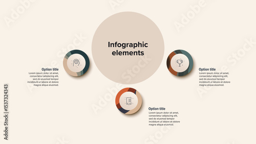 Business process chart infographics with 3 step circles. Round workflow graphic elements. Company flowchart presentation slide. Vector info graphic in flat design
