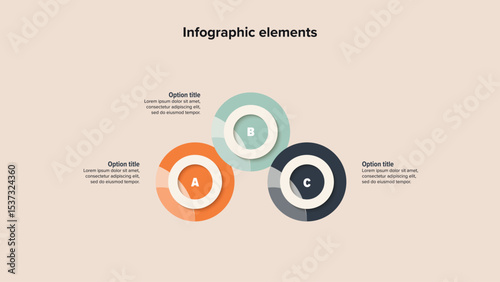 Business process chart infographics with 3 step circles. Round workflow graphic elements. Company flowchart presentation slide. Vector info graphic in flat design