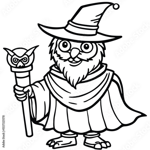 Wise owl wizard with staff cartoon illustration
