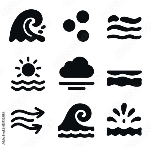 Sea Phenomena Icons. Solid, filled icons set of natural phenomena at the sea: crashing waves, foam, sea breeze
