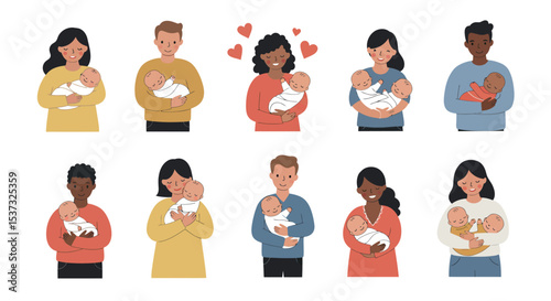 Diverse parents cherishing infants with love and care for family and parenting design vector illustration