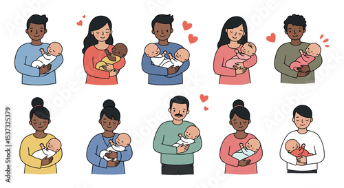 Diverse family portraits celebrating parenthood and love with caring parents holding newborn babies vector illustration