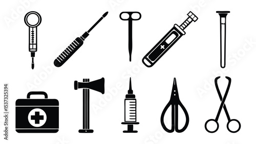 Black and white medical tools collection representing healthcare instruments and first aid supplies