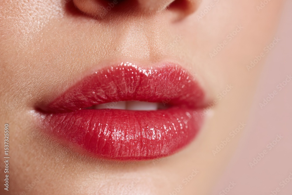 Fototapeta premium Close-up of red glossy lips with natural skin texture and slight shimmer
