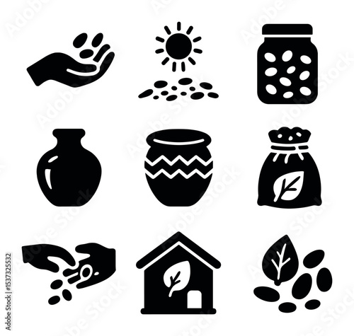 Traditional Seed Saving Icons. Solid, filled icons set of traditional seed saving techniques: hand shelling,