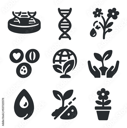 Genetic Diversity Icons. Solid, filled icons set of seed genetic diversity preservation: gene pool icon, DNA