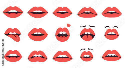 Expressive red lips with various mouth expressions - emotions and communication design vector illustration