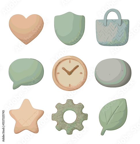 Calming Icon Grid. Solid, filled icons set of calming colors and textures: pastel tones, muted greens, soft