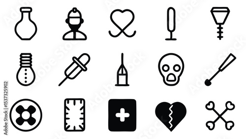 Black and white vector icons of medical tools and various design elements