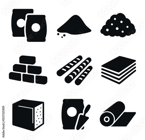 Construction Materials Icons. Solid, filled icons set of building materials: cement bags, sand pile, gravel,