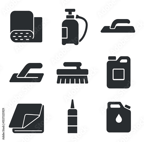 Cement Finishing Icons. Solid, filled icons set of cement curing and finishing: curing blanket, sprayer,
