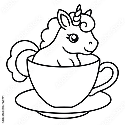 Cute cartoon unicorn in teacup coloring page