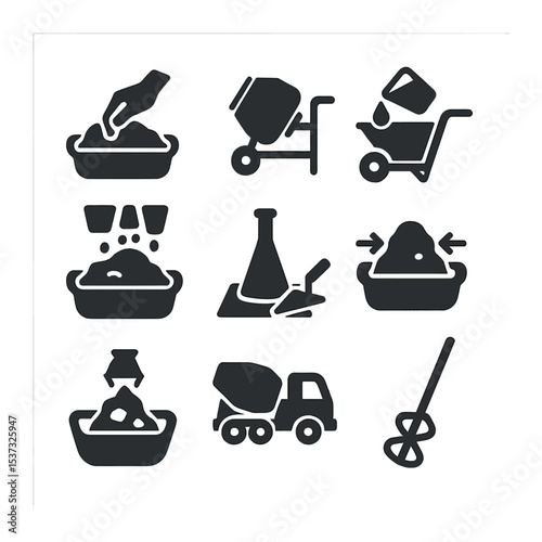 Concrete Mixing Icons. Solid, filled icons set of concrete mixing techniques: hand mixing, electric mixer,