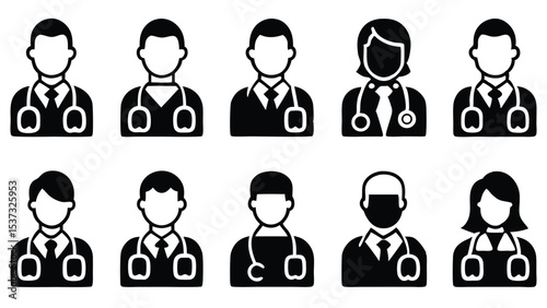Black and white vector illustration of doctors in various medical professions