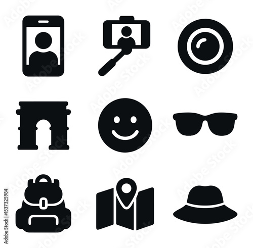 Travel Selfie Icons. Solid, filled icons set of taking travel selfies: smartphone, selfie stick, camera lens,