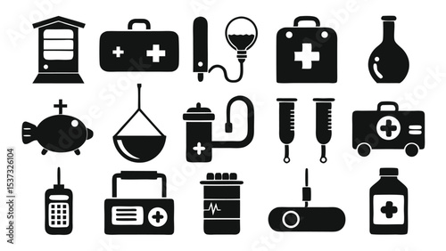 Black and white vector illustration featuring essential medical and healthcare icons for designs