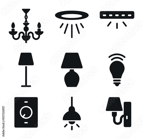 Modern Bathroom Icons. Solid, filled icons set of bathroom design features: walk-in shower, freestanding tub,