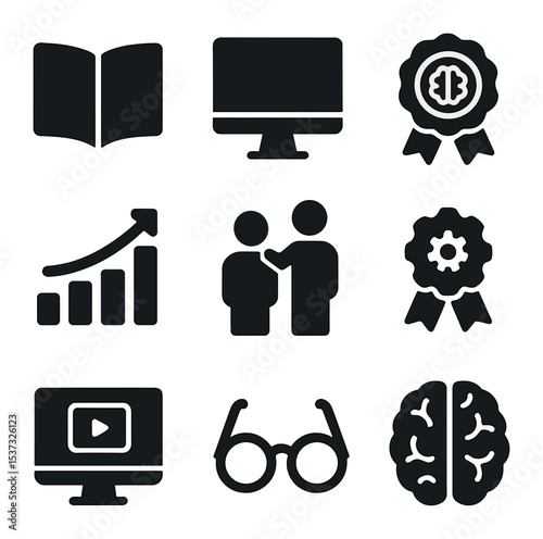 Encore Career Icons. Solid, filled icons set of encore careers (second careers after retirement): briefcase