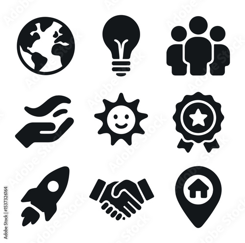 Creative Hobby Icons. Solid, filled icons set of creative pursuits and hobbies: paint brush, music note,
