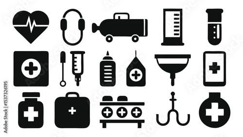 Black and white vector illustrations of medical and healthcare related iconography