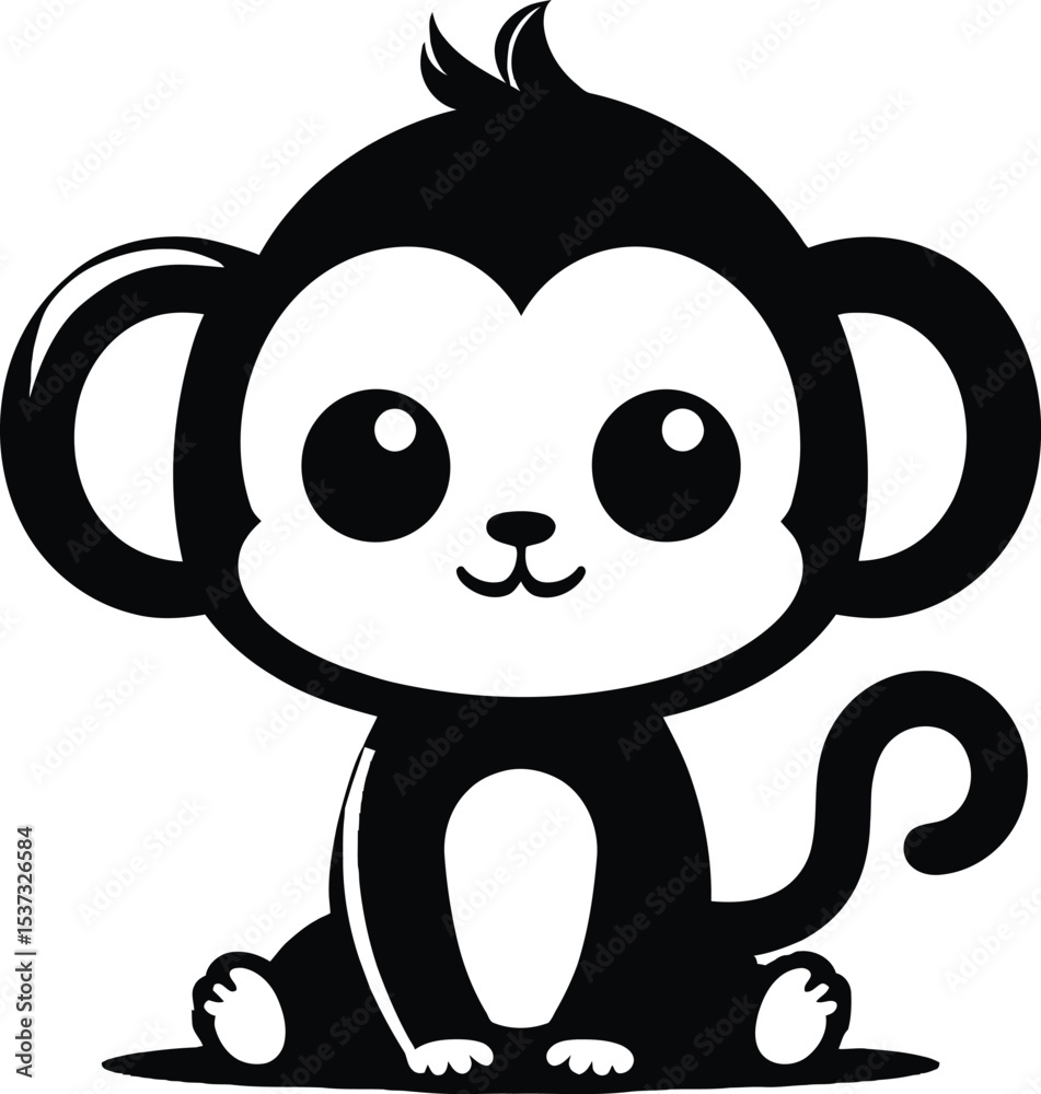 Fototapeta premium Cute monkey cartoon vector illustration for kids design and coloring page animal drawing silhouette