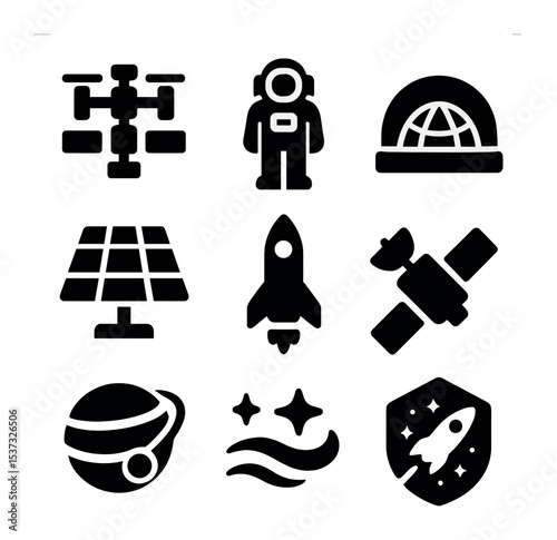 Deep Space Icon Set. Solid, filled icons set of deep space exploration and innovation: spaceship icon, light