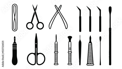 Collection of black and white vector illustrations of various medical surgical instruments