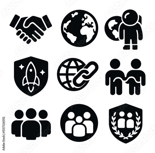 Space Technology Icons. Solid, filled icons set of advanced technology for space habitats: AI robot, smart
