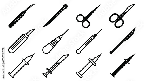 Collection of medical and surgical tools in a black and white minimalistic outline