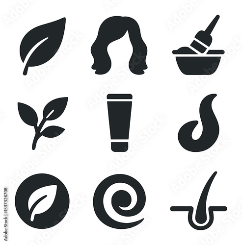 Vibrant Hair Icons. Solid, filled icons set of vibrant and bold hair colors: bright swatch, bold tube, hair