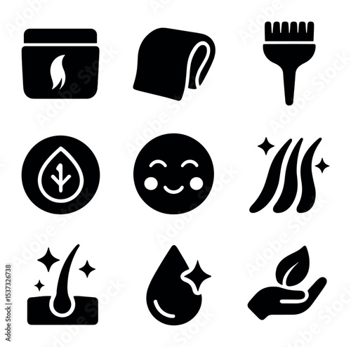 Color Correction Icons. Solid, filled icons set of color correcting and toning: toner bottle, purple swirl,