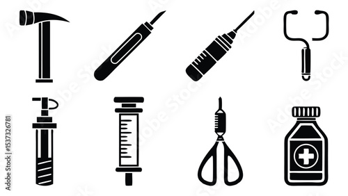 Collection of medical instruments depicted in simple and clean black and white vector icons