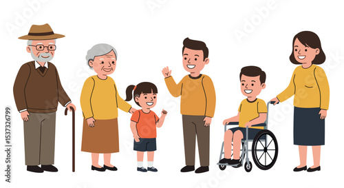 Generational family gathering with smiling characters and inclusive community interaction vector illustration