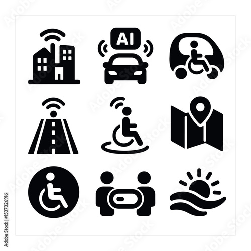 Accessible Event Icons. Solid, filled icons set of accessible event transportation: event icon, bus icon,