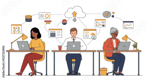 Collaborative teamwork in modern office setting with diverse professionals and cloud computing vector illustration