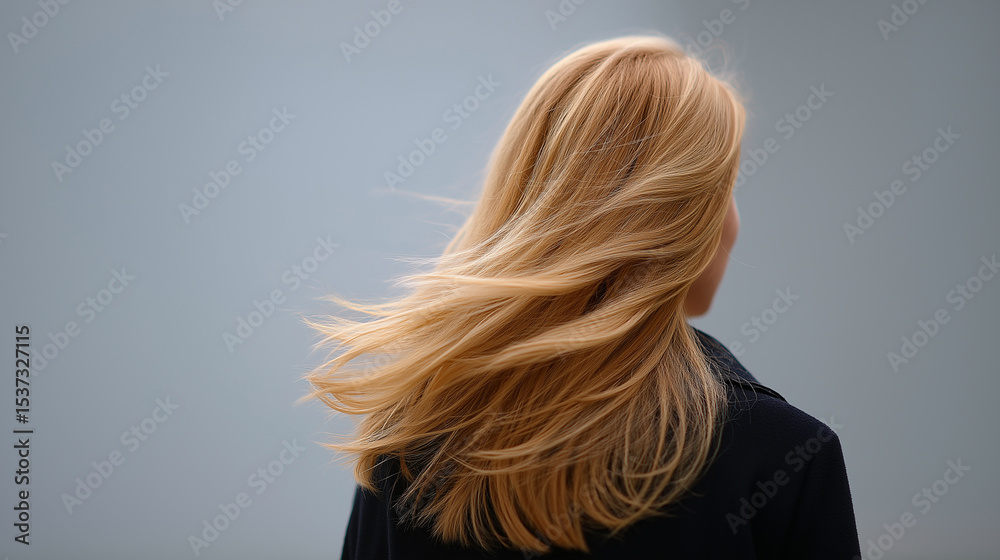 Naklejka premium Blonde woman from behind with flowing hair in the wind against grey background. 