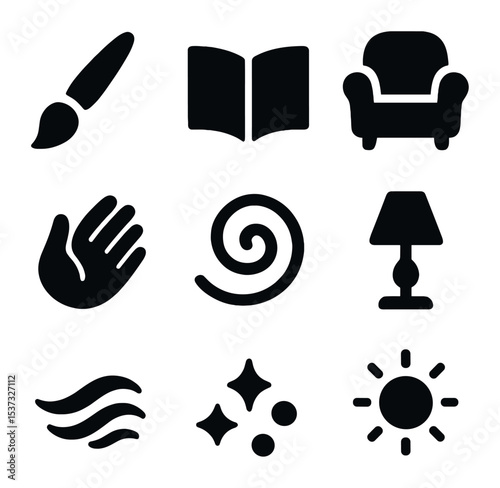Mindful Evening Icons. Solid, filled icons set of mindful evening rituals: moon icon, night lamp, soft glow,