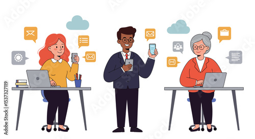 Office collaboration and communication with digital devices in a modern workplace vector illustration