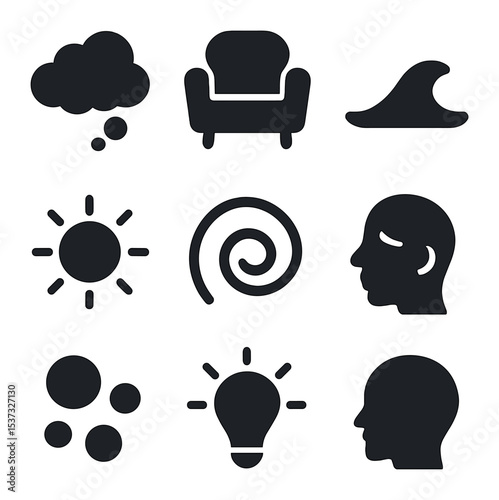 Creative Solo Activities Icons. Solid, filled icons set of creative solo activities: paint brush, open book,