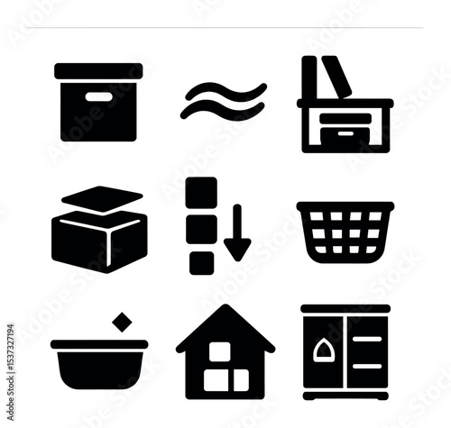 Decluttering Icons Grid. Solid, filled icons set of decluttering and attic sorting: clean box, labeled bin,