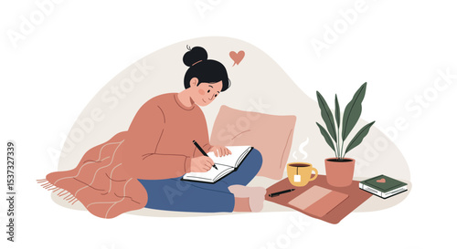 Cozy morning routine with journaling and warm beverages for relaxation and mindfulness vector illustration