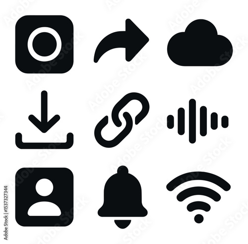 Podcast Icon Set. Solid, filled icons set of storytelling and narrative power in podcasts: story icon, play